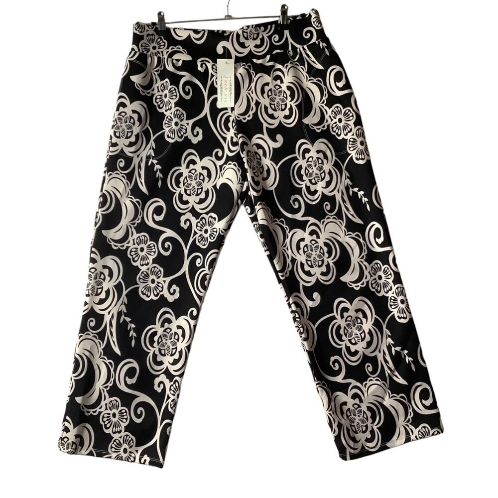 Floral Pocketed Pull On Pants Women Size 2XL‎ Black White Style #P042 J Mode NWT